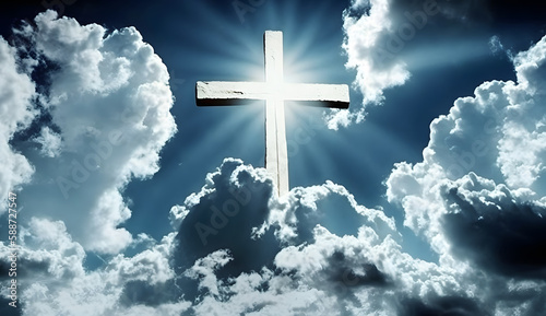 Christian cross shining in sky, created using Generative AI Technology © Bakemon