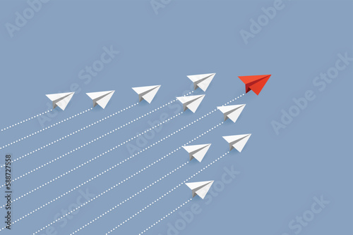 Business concept. Red paper airplane flying changing direction on blue sky of business teamwork and one different vision. Leader, New idea, boss, manager, winner concept, trend. Vector illustration