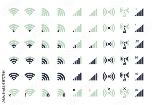 Smartphone wifi icons. Mobile phone indicators, no signal, 5G and LTE wifi signal strength levels flat vector illustration set