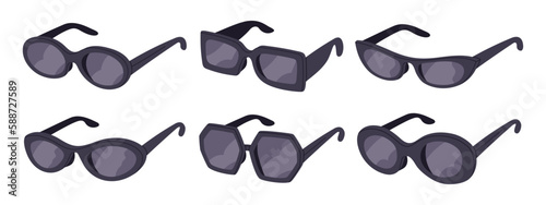 Trendy sunglasses. Plastic frame shades, fashionable eyewear accessories, black frames sunnies flat vector illustration set