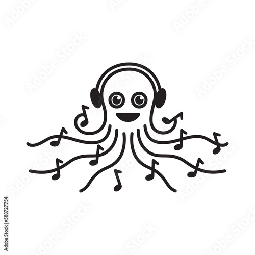 Cute and Fun Octopus with Headphones and music Notes
