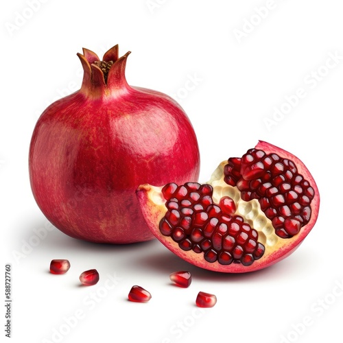 Fresh pomegranate and sliced pomegranate fruit isolated with white background Generative AI Illustration
