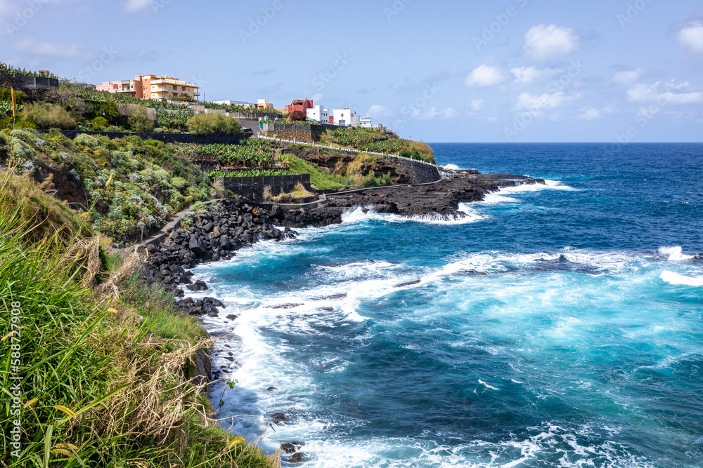 San Andres village near Los Sauces at northeast of La Palma Island. Green Volcanic Hills, and the Coast of the Atlantic Ocean. Canary Islands, Spain.