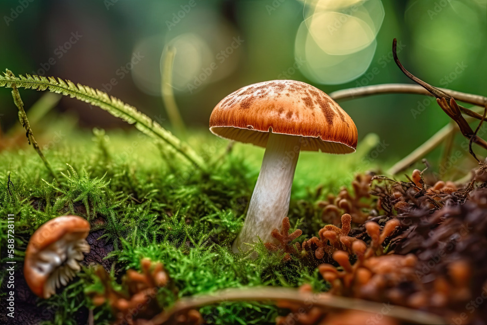 Gros plan en vue macro sur un champignon dans un sous-bois humide avec mousses et lichens Gros plan en vue macro sur un champignon dans un sous-bois humide avec mousses et lichens