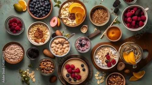 Hearty breakfast, porridge. Generative AI © PIRMYN