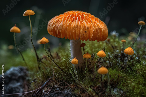 Gros plan en vue macro sur un champignon dans un sous-bois humide avec mousses et lichens