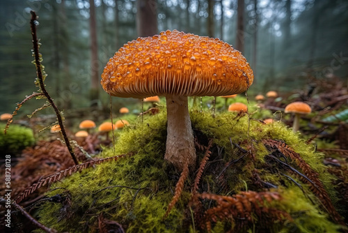 Gros plan en vue macro sur un champignon dans un sous-bois humide avec mousses et lichens