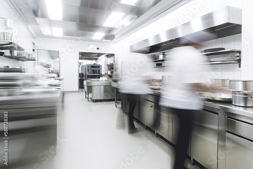 Some chefs and assistents are stressed walking rushing in a modern restaurant kitchen fast with blur, on the left and right are all kind of kitchen stuff, white and grey color scheme - Generative AI