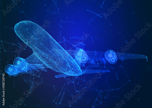 Travel plane on blue dark background. Airplane digital with line,dot. future air transport concept
