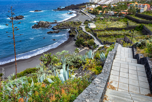 Tropical cactus garden and black sand beach at Los Cancajos. La Palma, Canary Island, Spain. photo