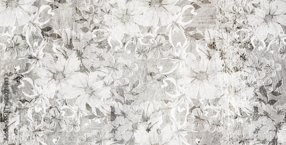 Fototapeta Flowers on the old white wall background, digital wall tiles or wallpaper design