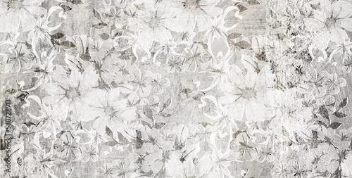 Obraz Flowers on the old white wall background, digital wall tiles or wallpaper design