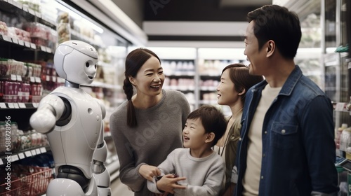 An Asian family and a humanoid robot enjoy doing shopping together at a supermarket. Artificial intelligence becomes sentient and conscious. Human and AI coexistence concept. ai generated photo