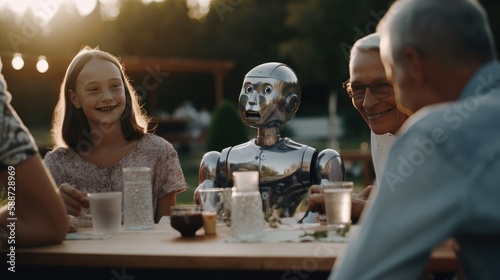 A girl, her family, and a humanoid robot enjoy having an outdoor picnic together. Artificial intelligence becomes sentient and conscious. Human and AI coexistence concept. ai generated