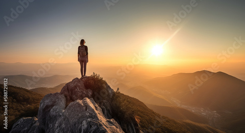 a person on top of a mountain, in the style of joyful celebration of nature, light-filled landscapes, verdadism, photo taken with provia, award-winning,  created with ai photo