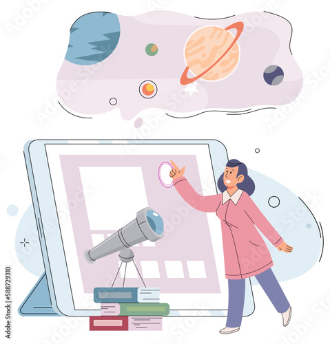 Online class, woman recording online video solar system exploration. Pedagogue with tablet pc smart technologies. Teacher in geography class. Instructor female character teaches an astronomy lesson.