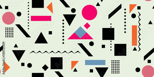 Geometric primitive abstraction. Memphis geometry, seamless pattern. Vector geometric colorful pattern.
