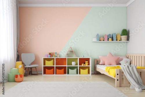 Modern Colorful Children's Room with Blank Wall