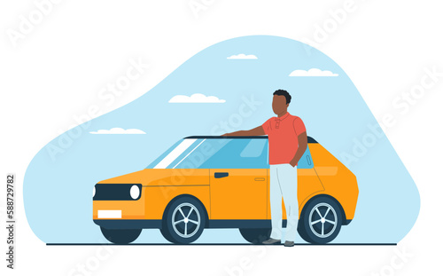 A black man stands by his car with his hand on its roof. Concept for insurance companies or car dealers. Vector illustration.