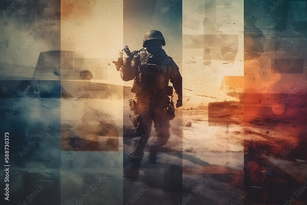 Fototapeta premium Modern abstract collage of war concept. Generative AI