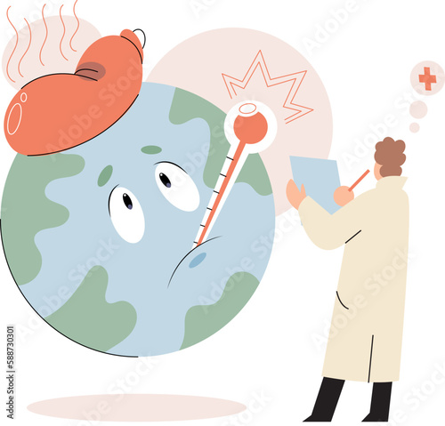 Ill planet Earth with thermometer. Global warming concept. Doctor examines and treats diseased planet, makes tests. Ecological disaster sick globe. Idea of climate change and danger for ecology