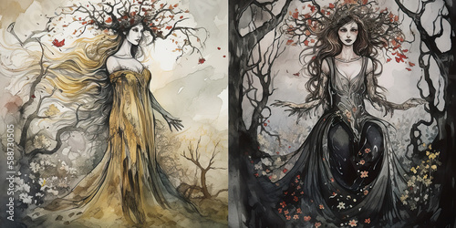 Persephone: Goddess of Spring and Queen of the Underworld in Watercolor Generative AI photo