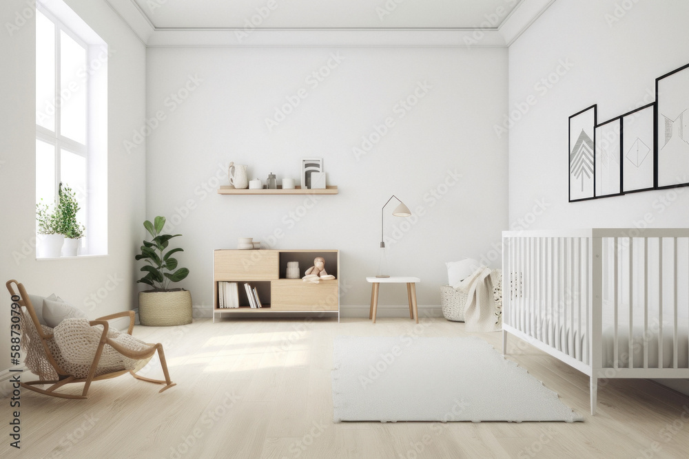 Modern Minimalist Bright Nursery Room with Blank Wall Modern Minimalist Bright Nursery Room with Blank Wall