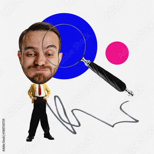 Businessman wearing suit standing next magnifying glass with unconfident face over white background. Disproportionate art collage. photo