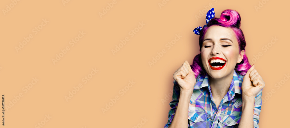 WOW! Unbelievable news! Excited surprised very happy purple red woman. Astonished pinup girl with open mouth and closed eyes, raised hands fists. Retro and vintage concept. Latte beige background.