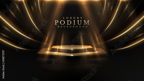 Product display podium with golden curve line decoration and glitter light effect elements and star. Black luxury background.