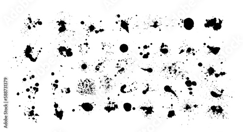Ink splashes. Black inked splatter dirt stain splattered spray splash with drops blots isolated. Ink splashes stencil. High quality manually traced. Drops blots isolated. Vector illustration