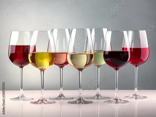 Set of wine glasses filled with red white and rose wines isolated on gray background. Realistic illustration of glasses of wine. Wine glasses with different wines, degustation. Generative AI