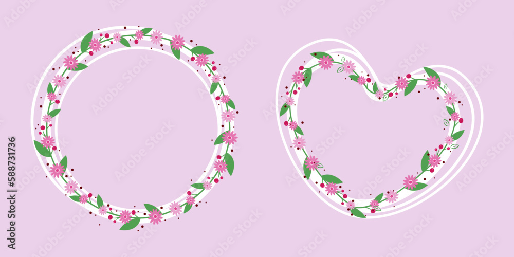 Floral frames with flowers. Elegant logo spring template. Botanic decoration illustration for wedding card, greeting composition. Space for text, letter, word. Vector 