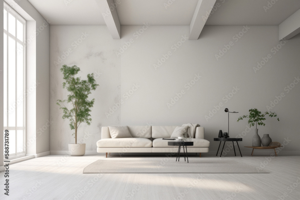 Modern Minimalist Scandinavian Living Room with Empty Wall Modern Minimalist Scandinavian Living Room with Empty Wall