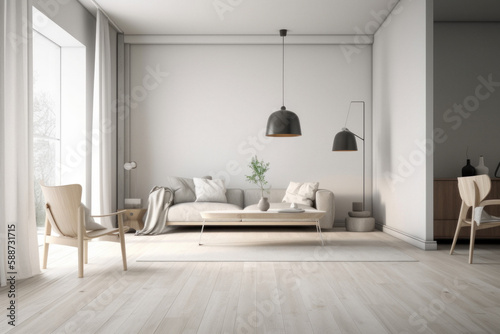 Modern Minimalist Scandinavian Living Room with Empty Wall