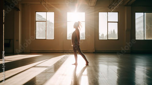 Sunlit Fitness Studio Woman Stretching  Bright and Airy with Large Windows  Generative AI