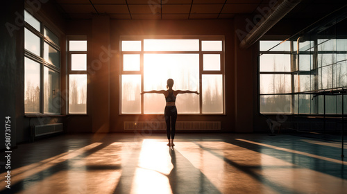 Sunlit Fitness Studio Woman Stretching, Bright and Airy with Large Windows, Generative AI © ArgitopIA