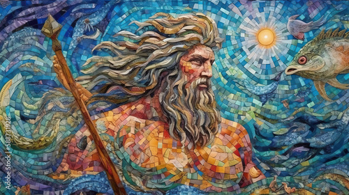 Poseidon: Underwater God of the Sea - Watercolor Painting Generative AI © Fox