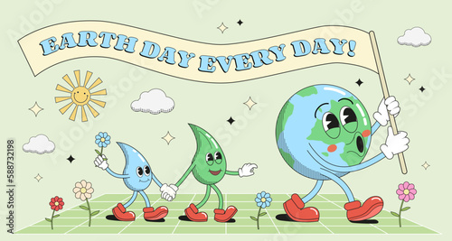 Earth Day holiday vector illustration in groovy 1970s style with Earth character holding an invitational ribbon with text.