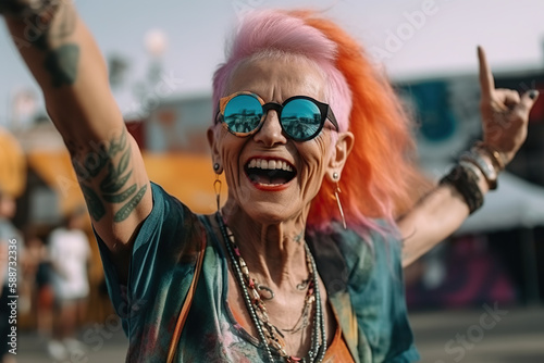 Happy funny cool senior woman with colorful hairs and in trendy clothes portrait on color background - extravagant stylish grandma, concepts about lifestyle, seniority and old people