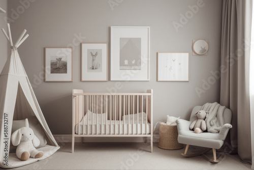 Modern Minimalist Bright Nursery Room with Picture Frames