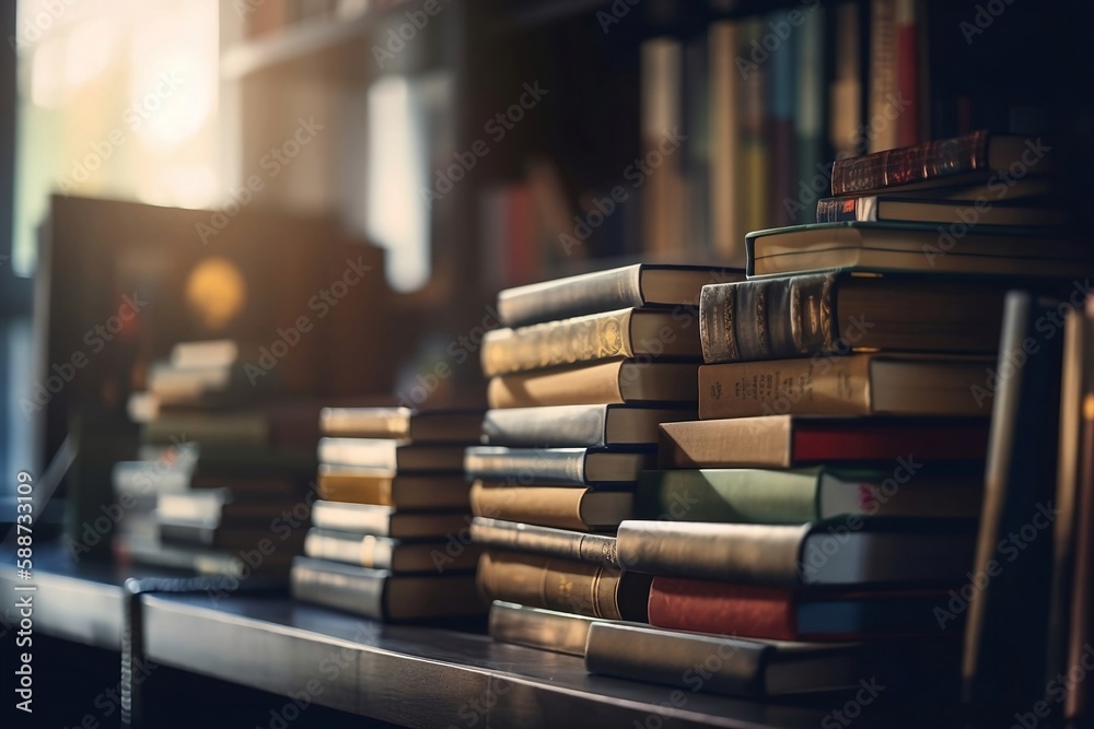 Stacked Knowledge. Education and Books on Library Bookshelf with Blurred Background Stacked Knowledge. Education and Books on Library Bookshelf with Blurred Background