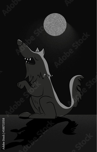 wolf howling at the moon - cartoon, monochromatic design photo