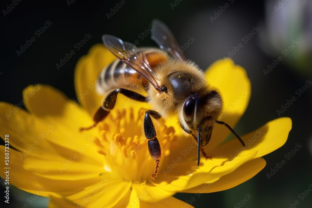 A close-up of a honey bee pollinating a flower. Generative AI A close-up of a honey bee pollinating a flower. Generative AI