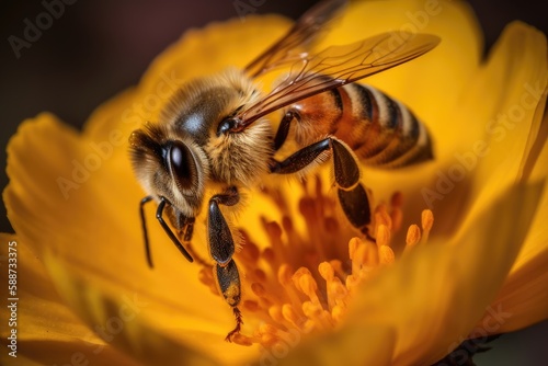 A close-up of a honey bee pollinating a flower. Generative AI © Nutcha