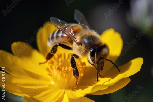 A close-up of a honey bee pollinating a flower. Generative AI © Nutcha