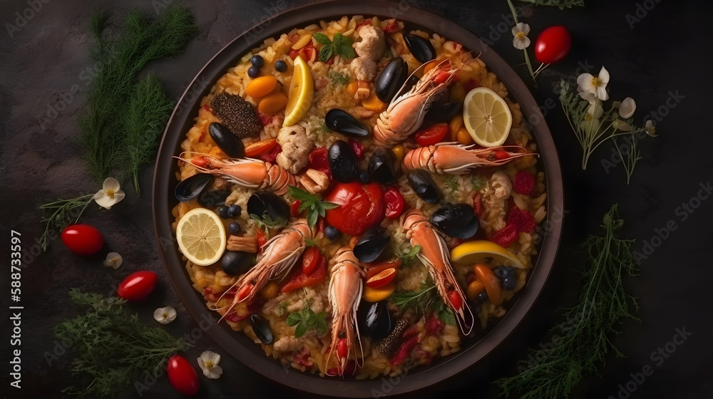 Paella with many ingredients. Generative AI