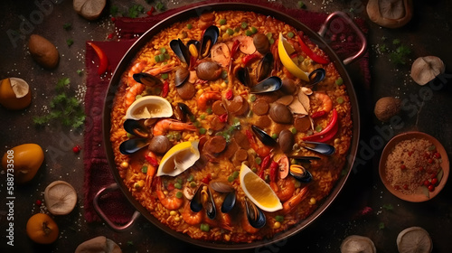 Paella with many ingredients. Generative AI