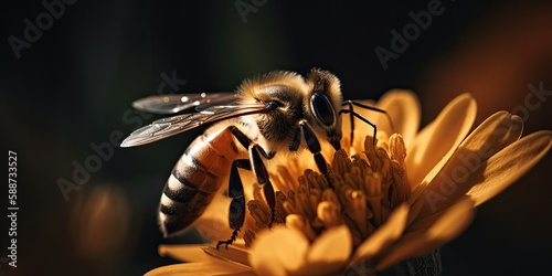 A close-up of a honey bee pollinating a flower. Generative AI