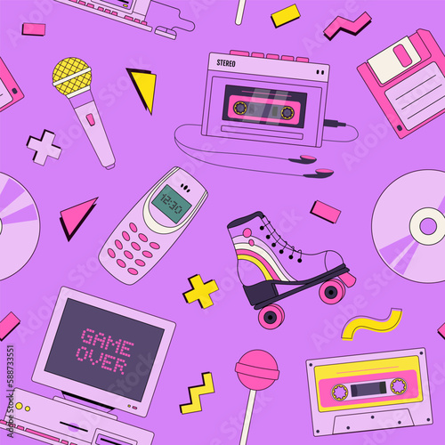 Retro seamless pattern with 90s items elements. Vintage style old pc, cassette, roller skate, audio player, cd, phone vector illustration. Pop art wallpapers, textile and wrapping print